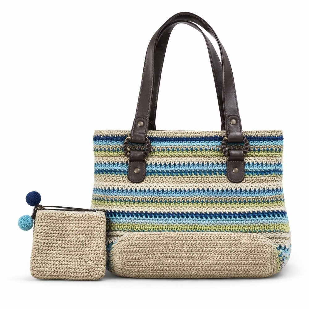 White Stag Striped Straw Tote with Blue and Green Accents
